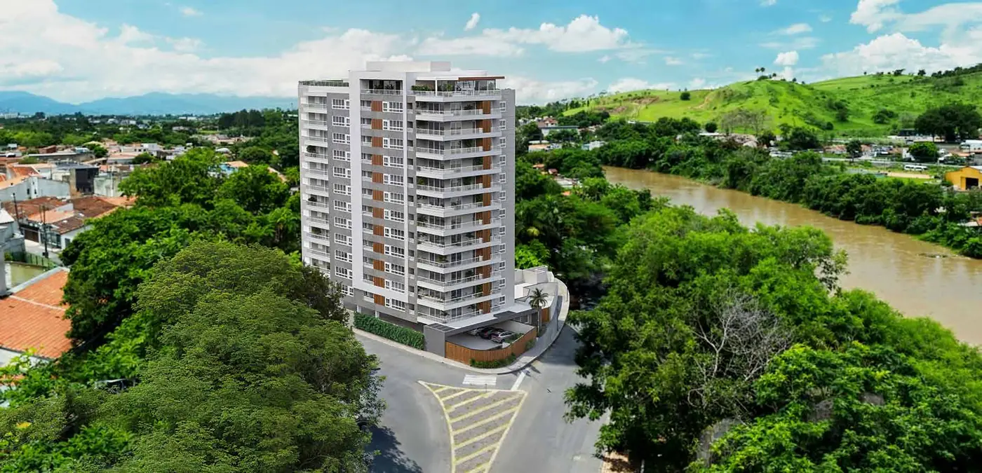 Perspectiva artística da fotocomposição do Ápice no entorno, próximo ao rio