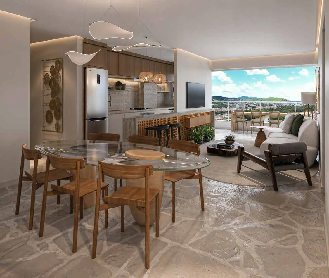 Perspectiva artística do living do apartamento de 102,21 m²