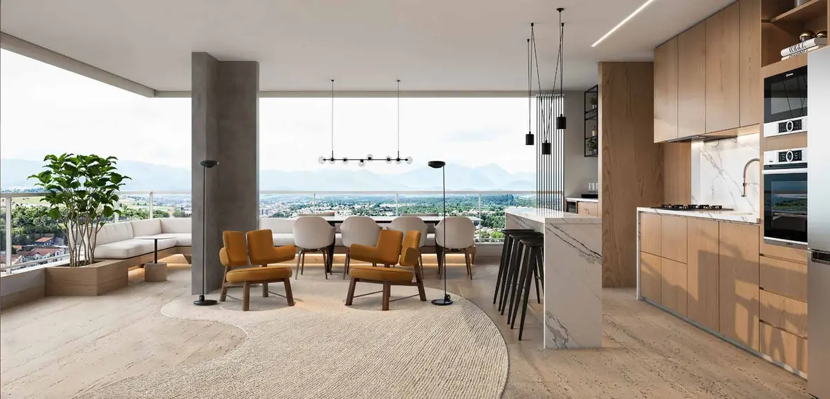 Perspectiva artística do living do apartamento de 140,76 m²