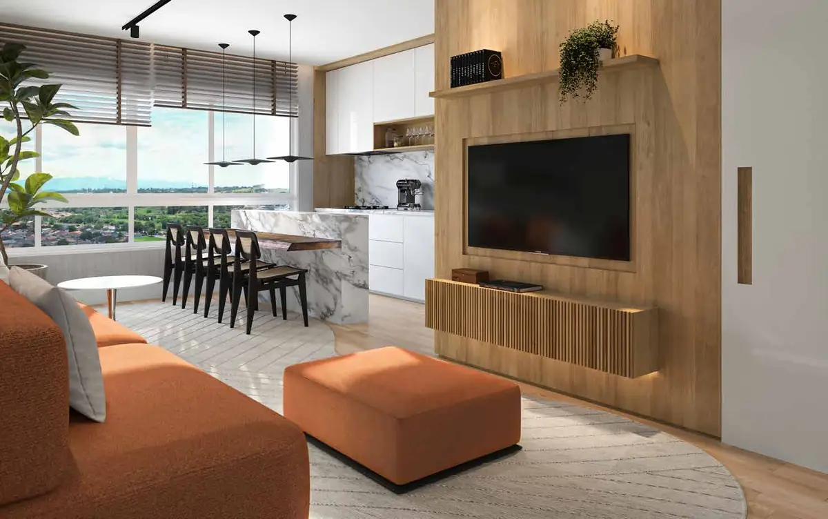 Perspectiva artística do living do apartamento de 67,46 m²
