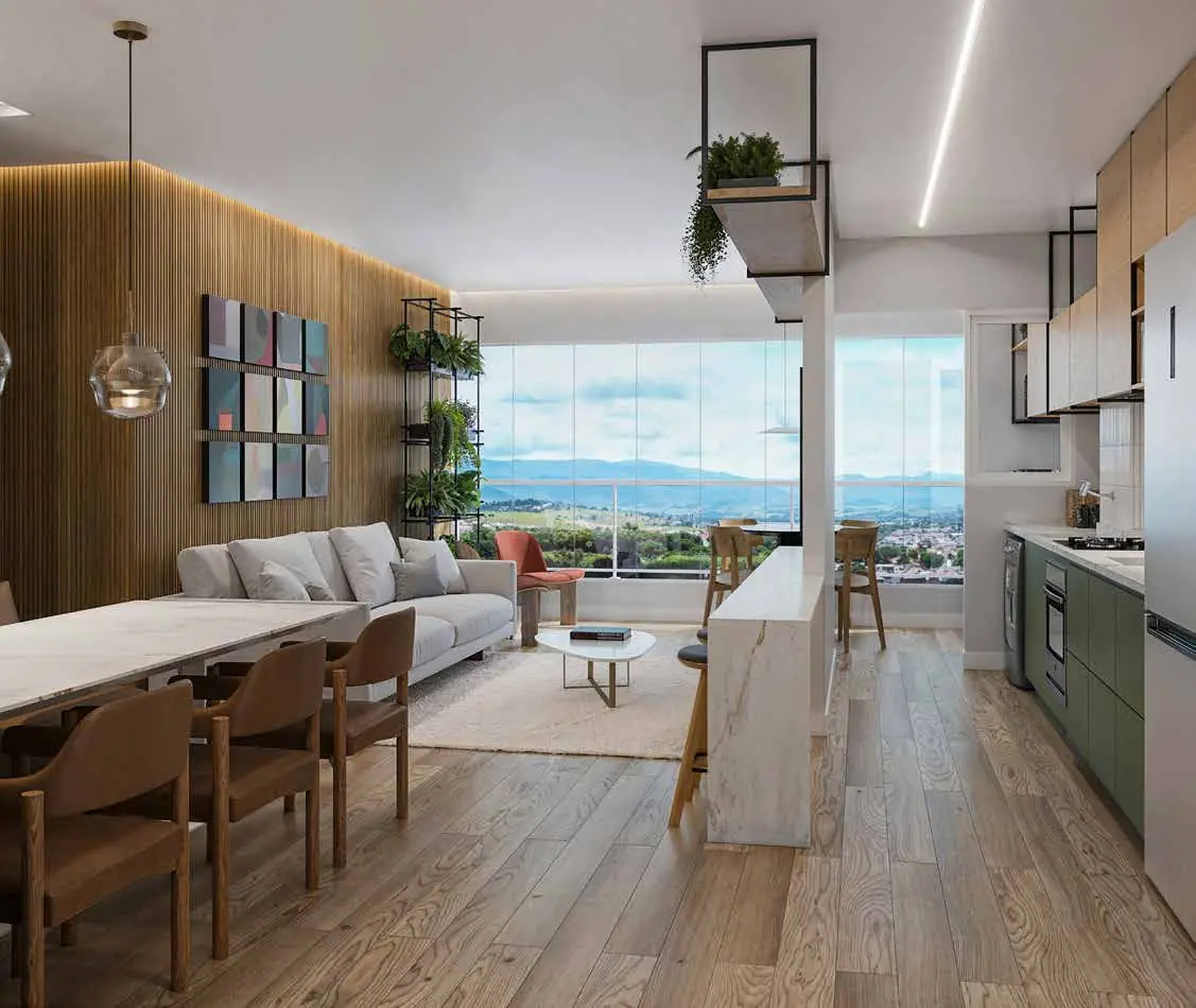 Perspectiva artística do living do apartamento de 74,54 m²