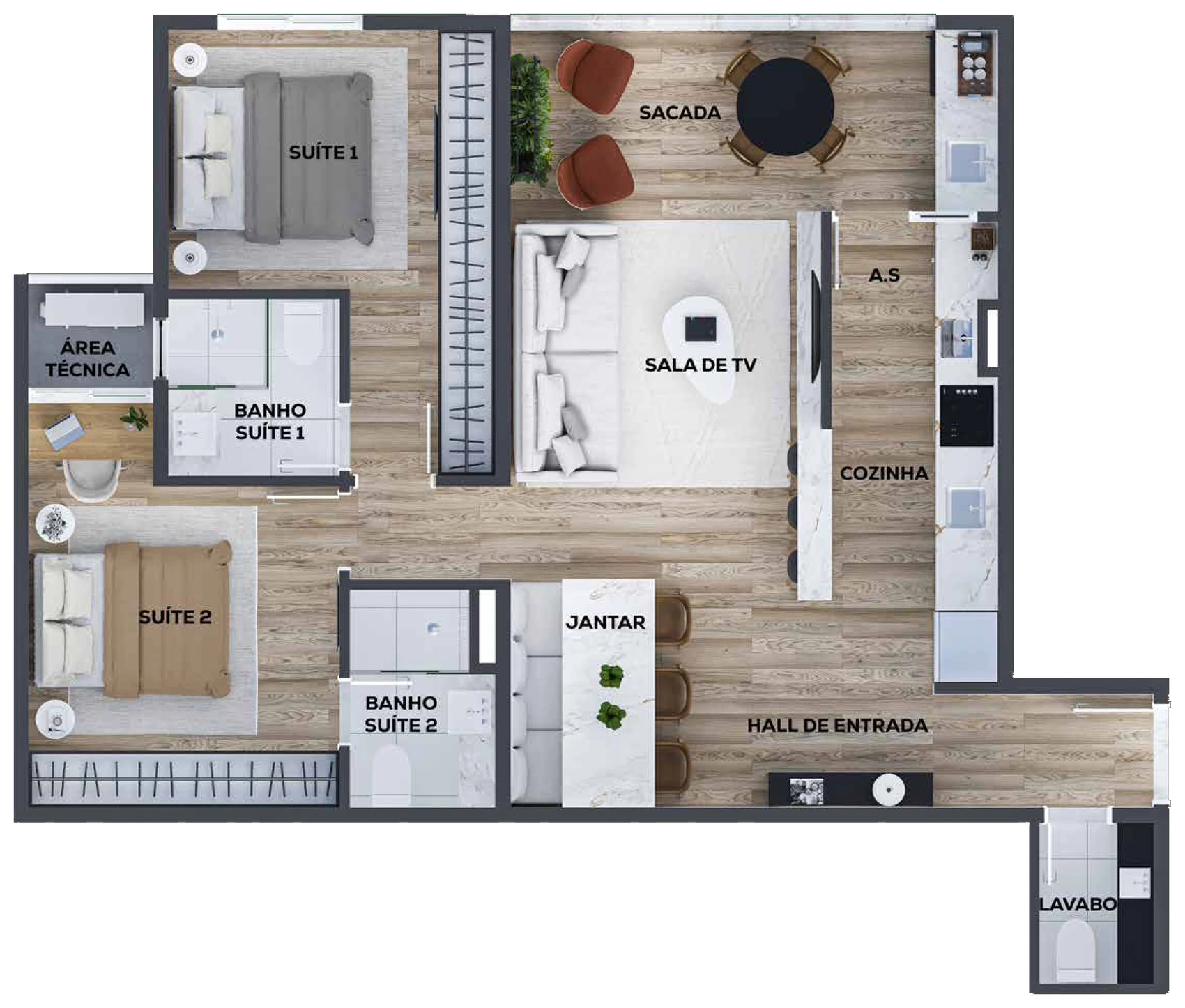 Planta do apartamento de 74,54 m² — final 6